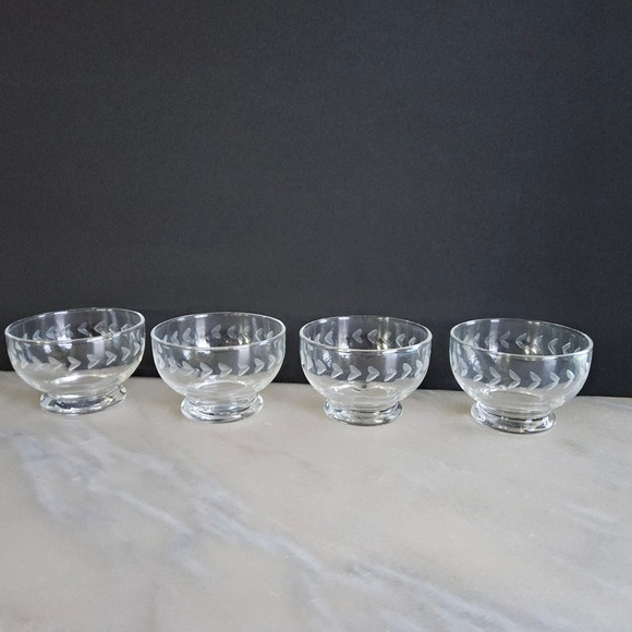 Clear Glass Dessert Bowls Set Of 4 Etched Butterfly Design Footed Dishes - Picture 1 of 6